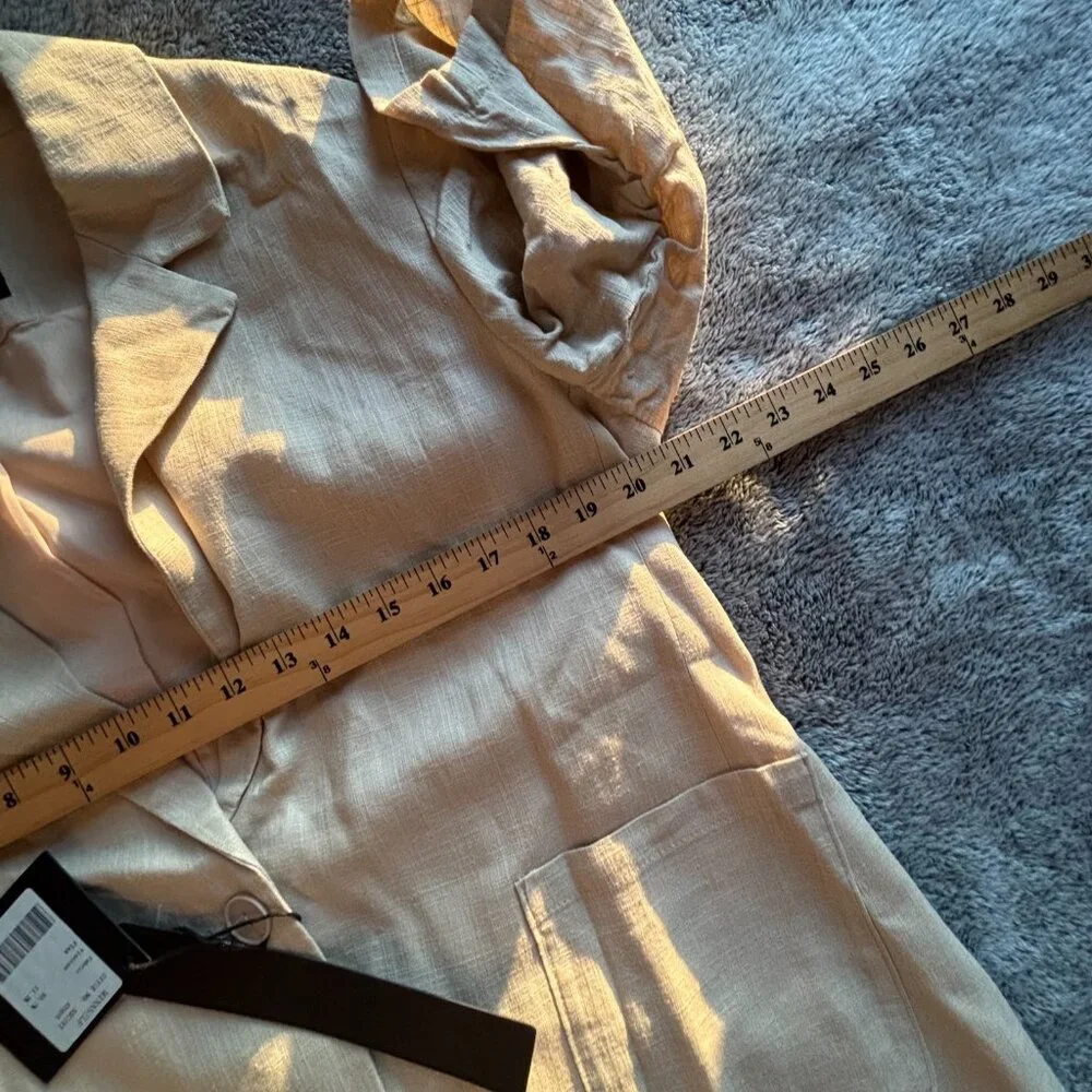 Mina Self Flax Linen Blend Blazer Beige Business Casual L Ruched Sleeve 18995x - Picture 5 of 12